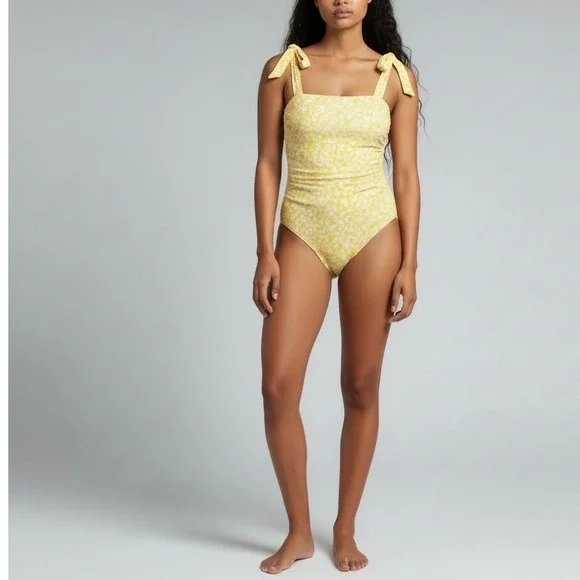 Citrine | One Piece Swimsuit Small Yellow Floral Tie Shoulder Square Neck Beach - Picture 1 of 7